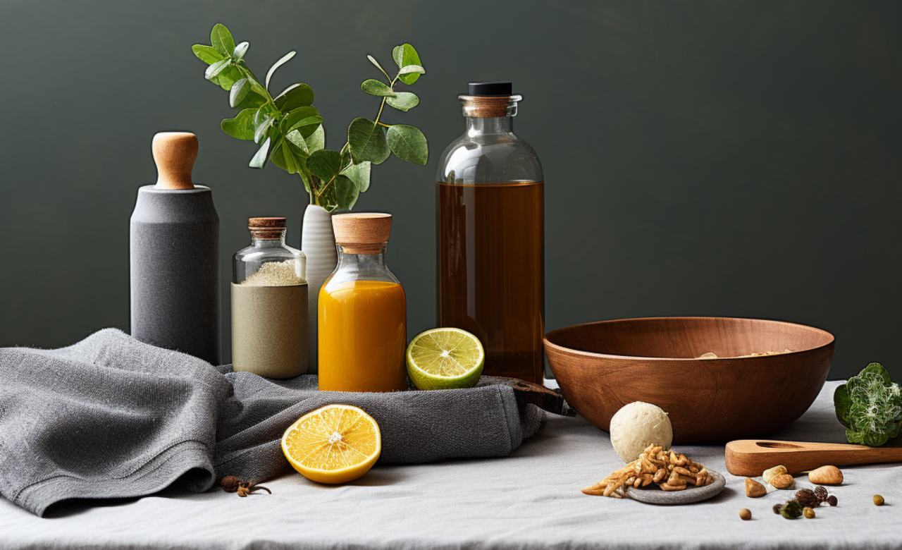 Kitchen table with various glass jars